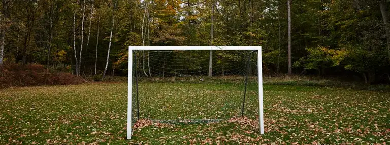 Fodboldmål på en græsplæne, i baggrunden er der træer og der er brune og orange blade på jorden